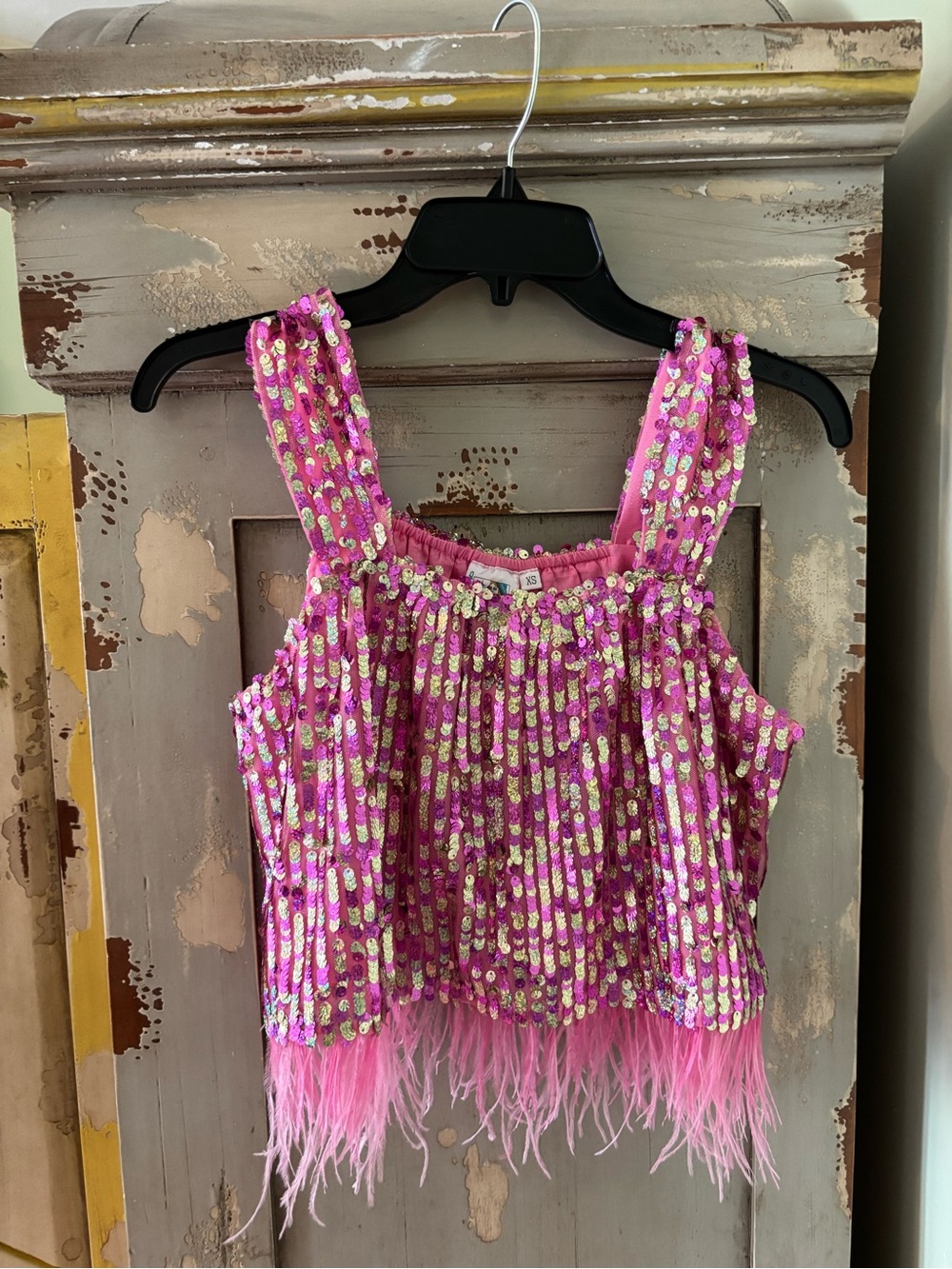 Women Pink Sequin Feather Tank Top